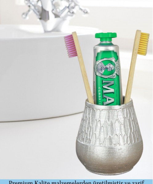 Diş Fırçalığı Tezgah Üstü Gümüş Renk Diş Fırçası Standı Vazo Model